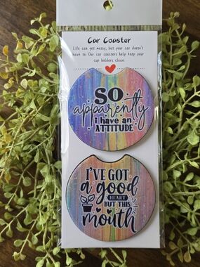 Multicolor Attitude & Good Heart Car Coaster Set